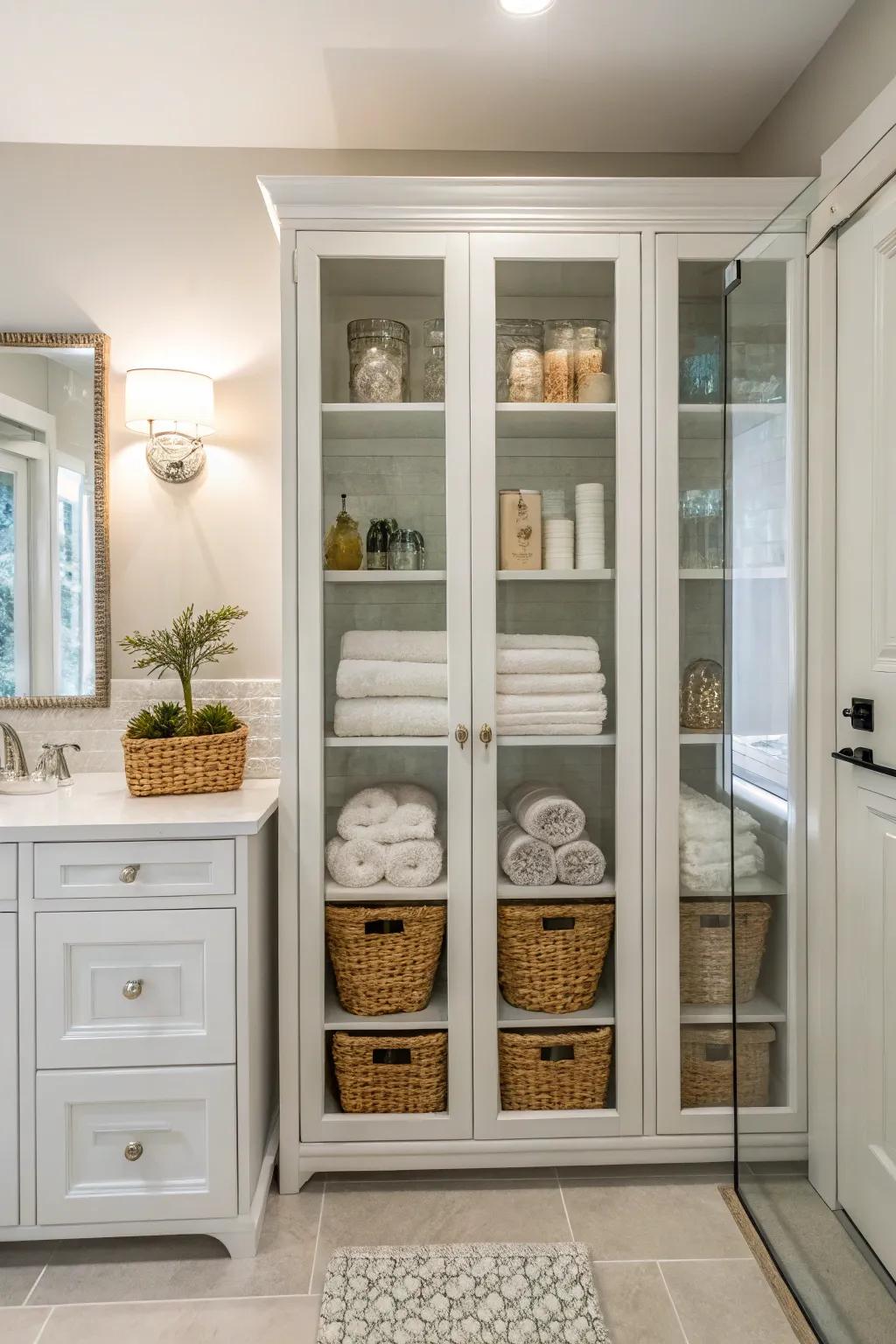 Glass-front storage units gracefully present items while ensuring they remain free from dust.