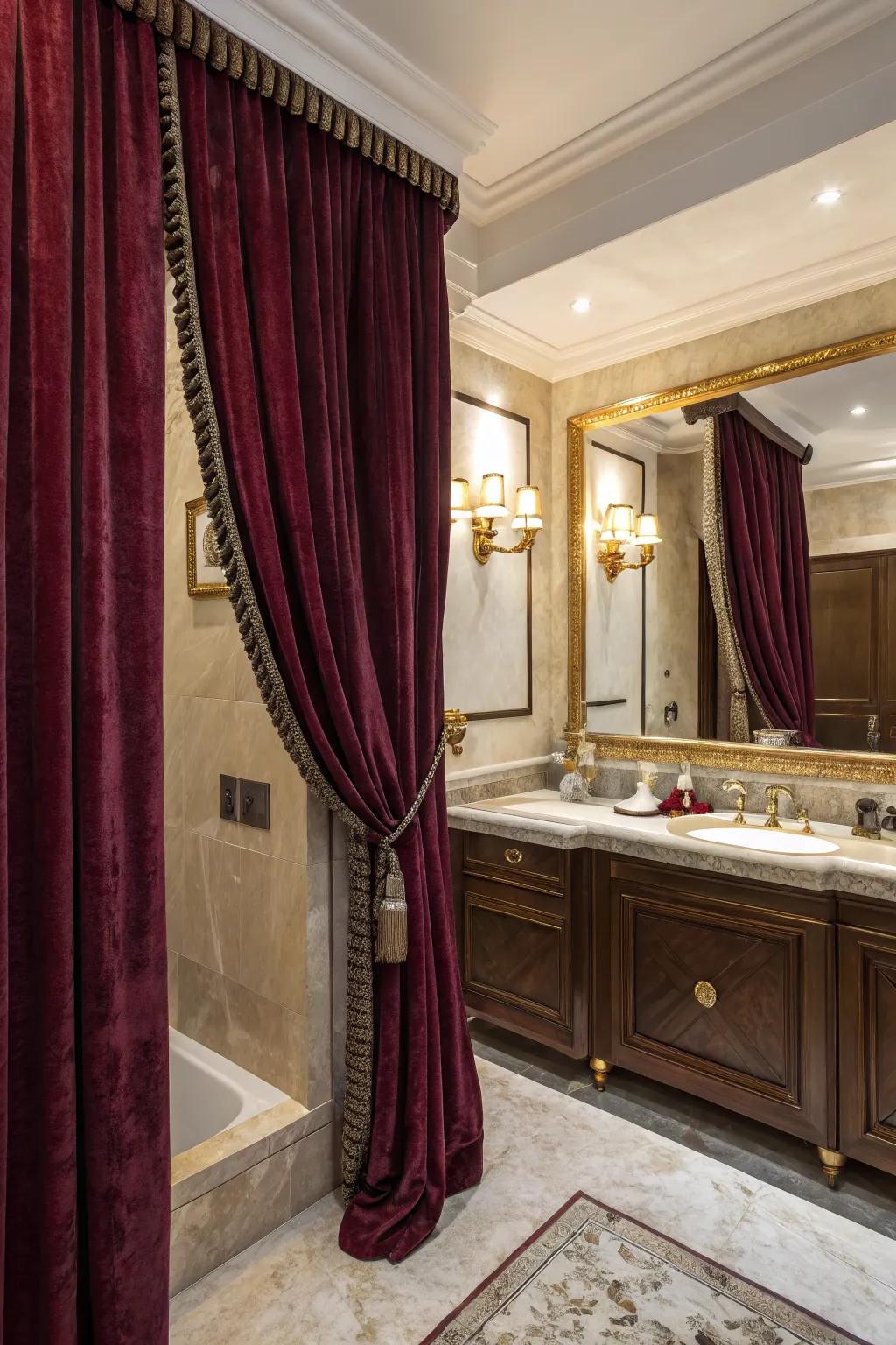 Your restroom gains opulence and luxury from velvet coverings.