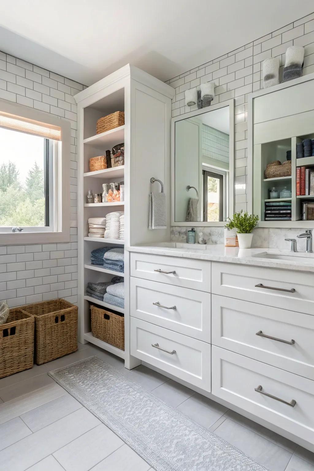 A bathroom showcasing clever storage techniques for optimal organization.
