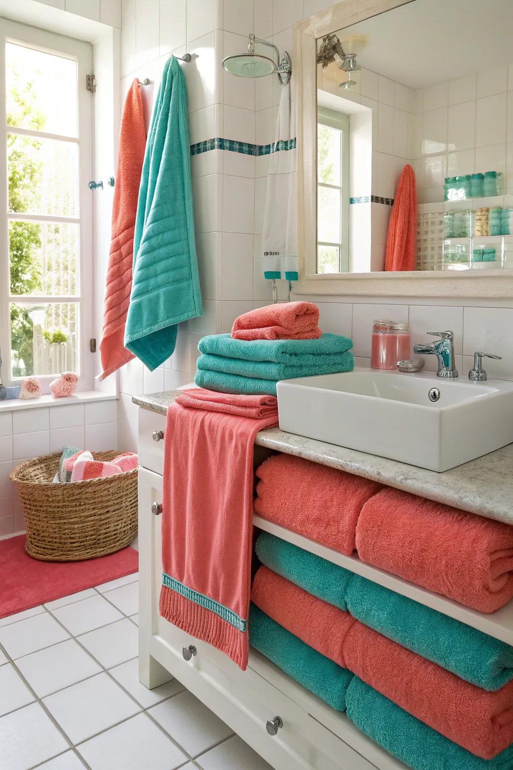 Coral and turquoise textiles convey energy and vibrancy.