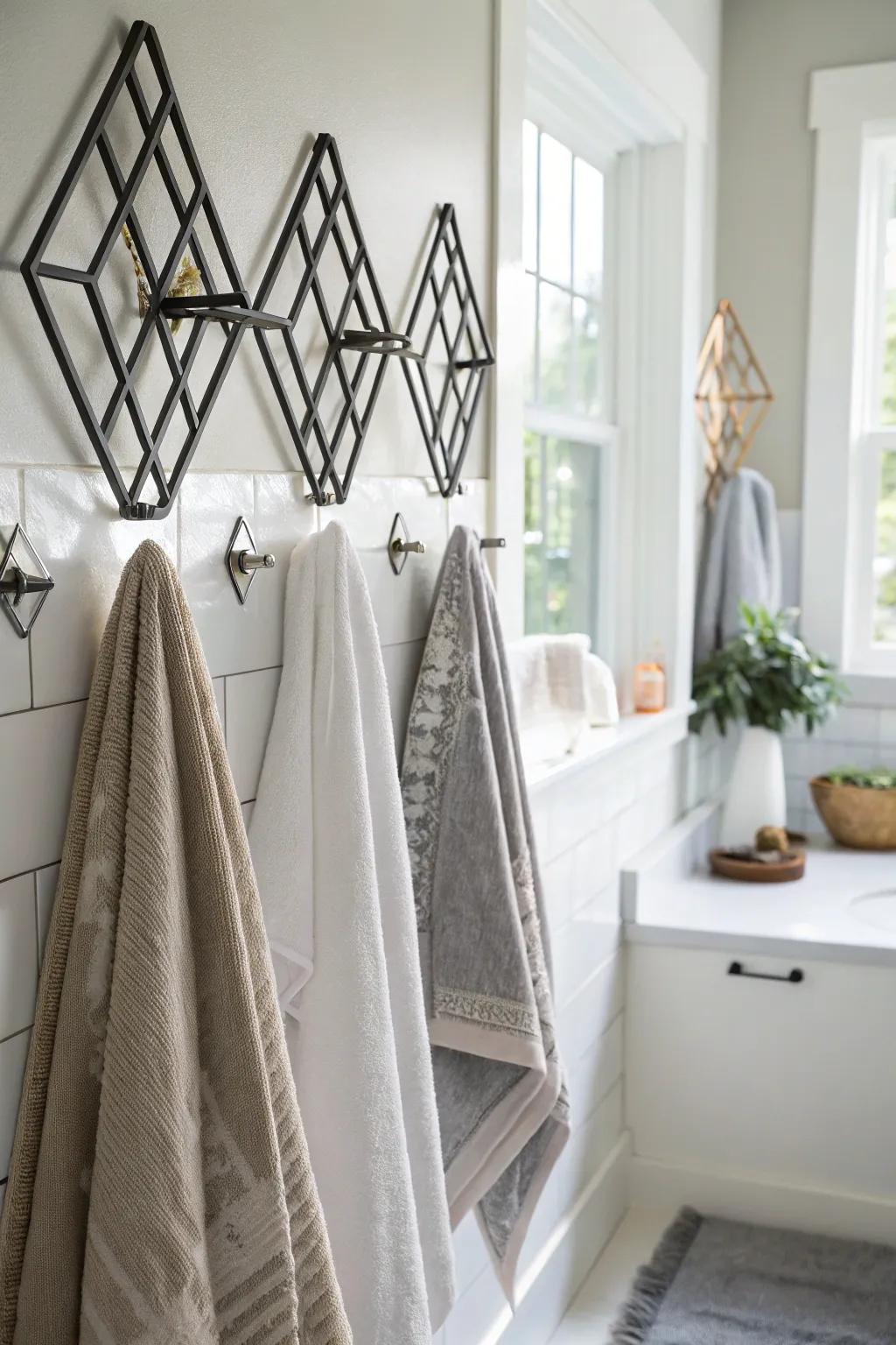 Geometric metallic fasteners render a daring statement.