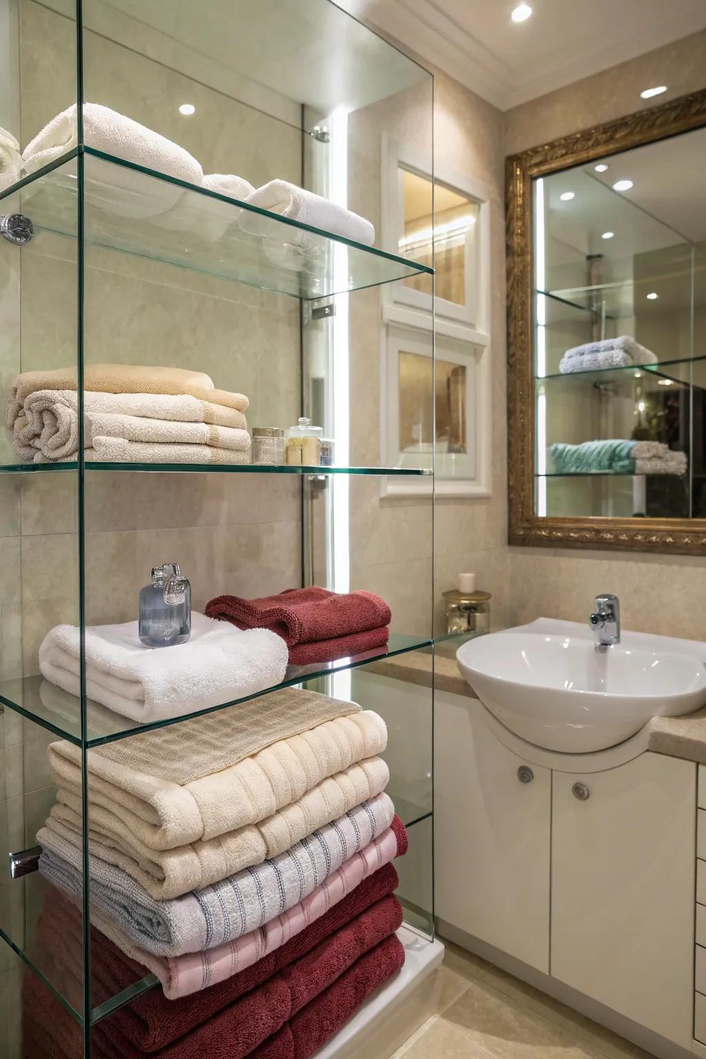 Glass shelves present a current and smooth storage answer.