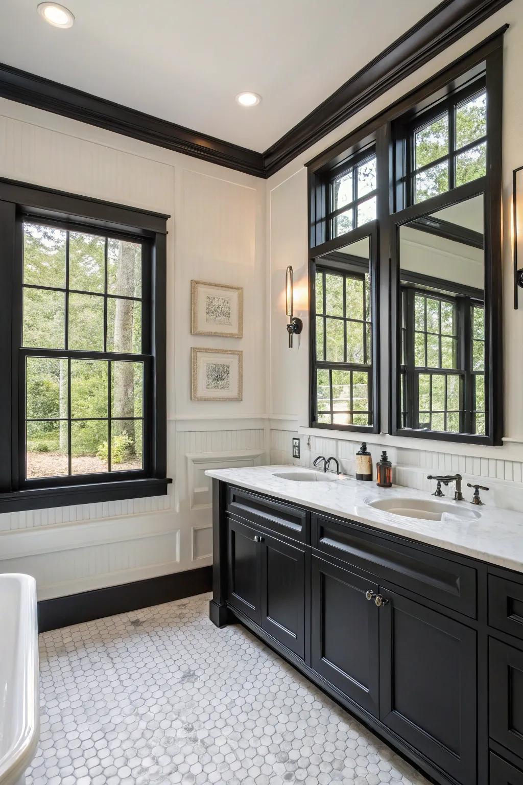 Black trim adds drama and striking contrast to the bathroom.