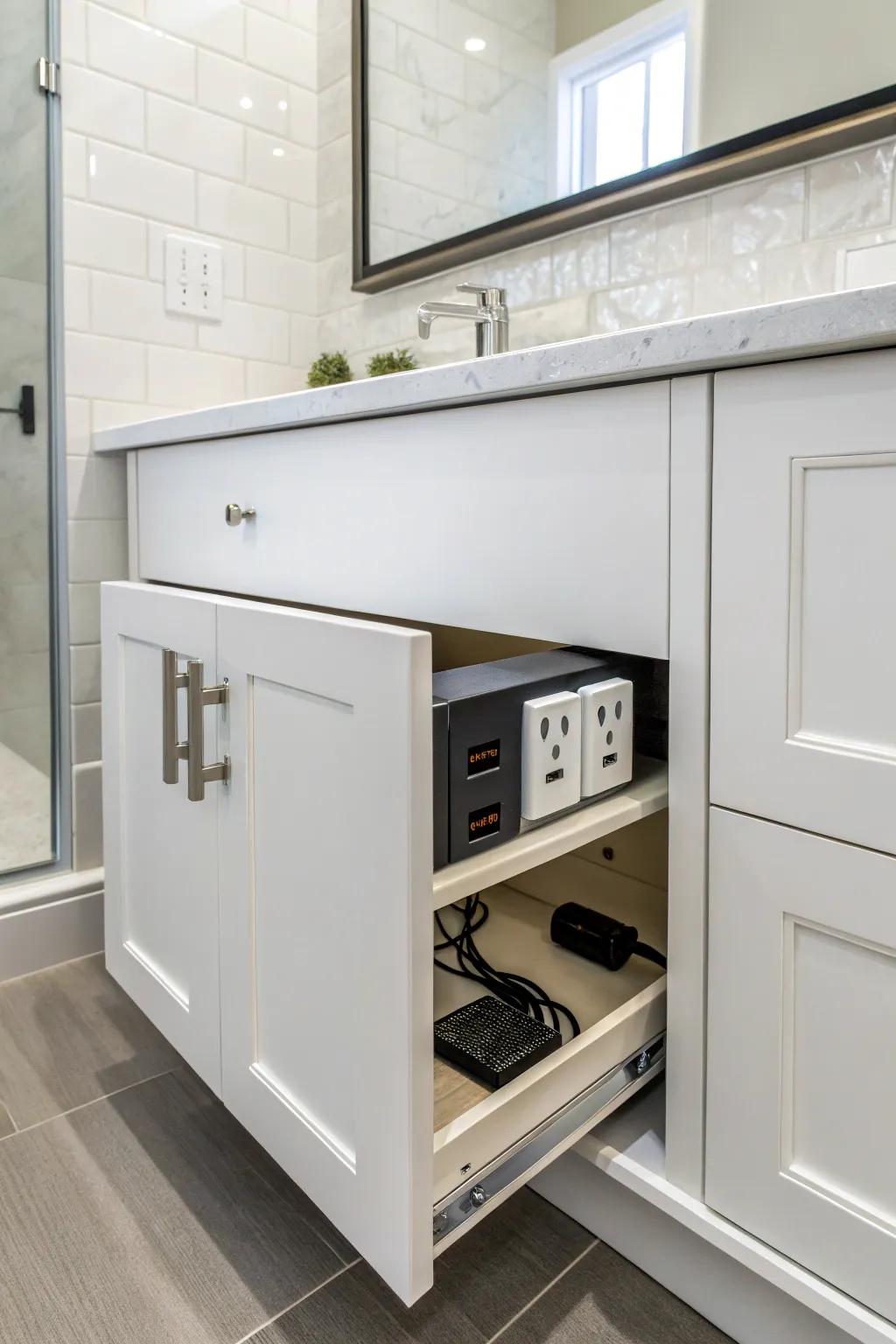 Hidden power outlets keep counters clutter-free.