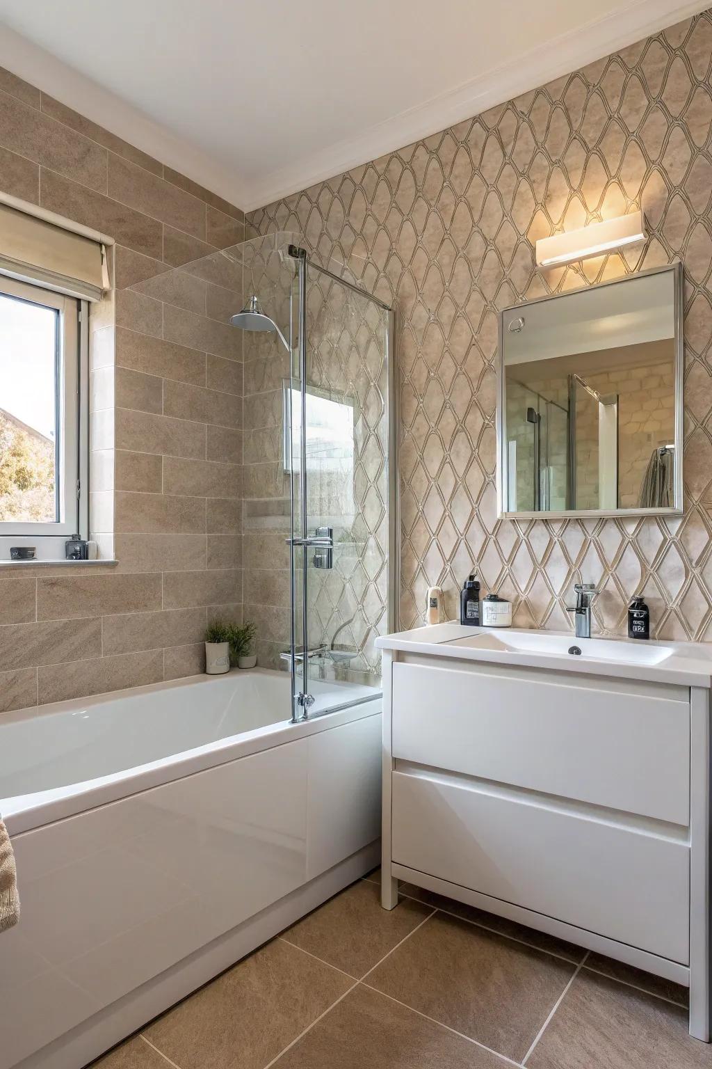 Textural details bring style to washroom walls.