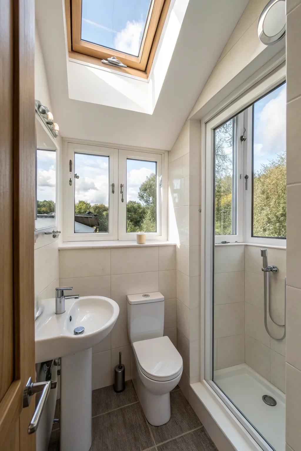 Slimline windows maximizing illumination in a compact restroom space.
