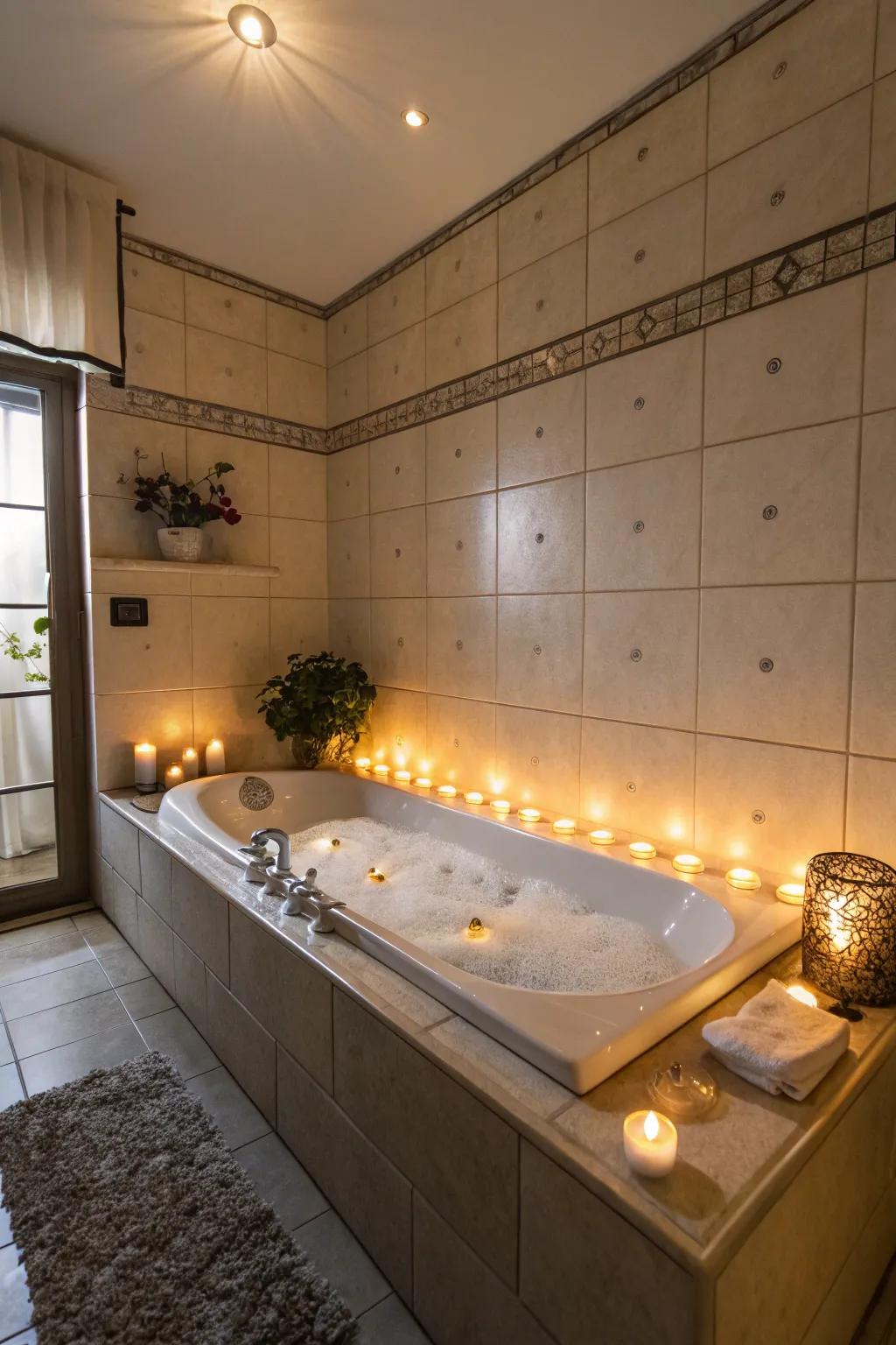 Ambient lighting enriches relaxation in this bathroom.