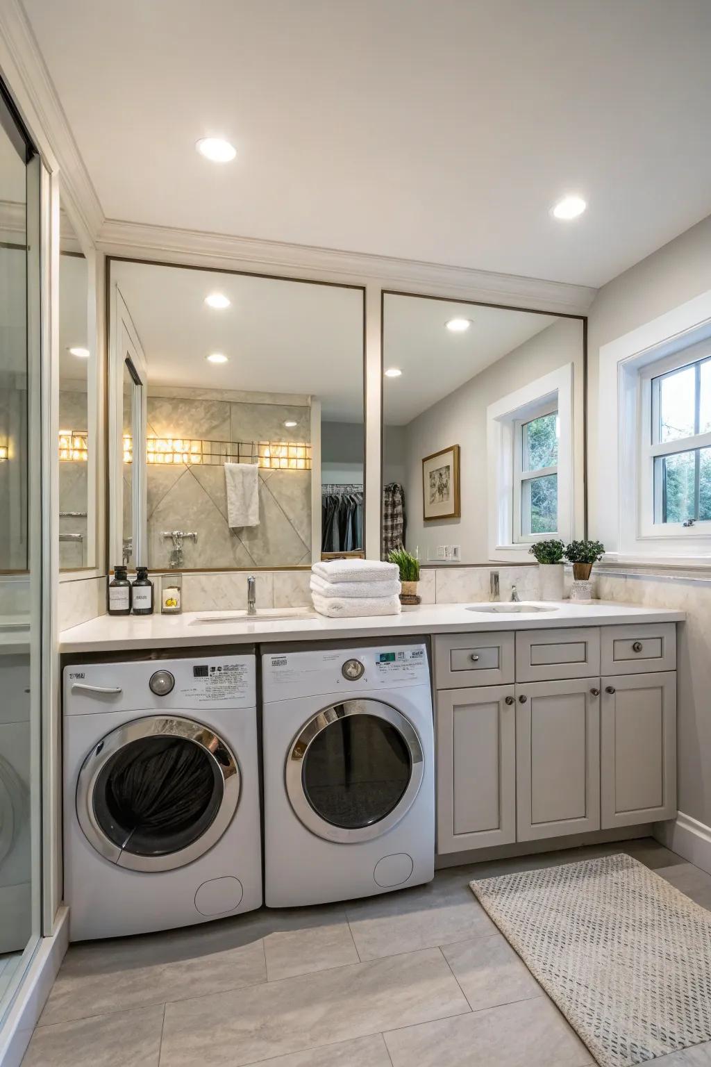 Mirrored cabinets boosting the sense of space and light.