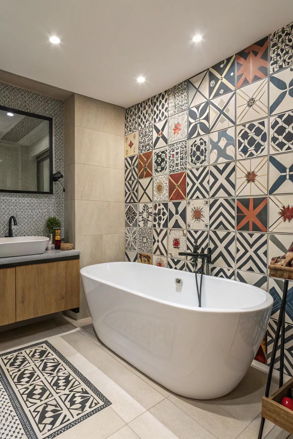 Make a bold statement with symmetrical patterns framing your bathtub.