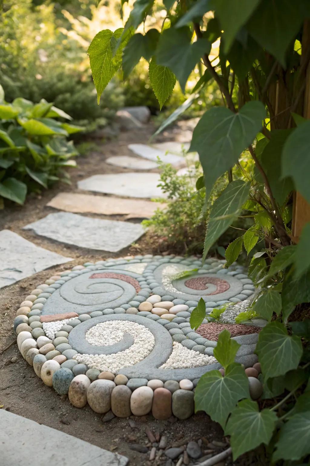 Add a touch of magic to your garden with handcrafted pebble mosaic stepping stones.