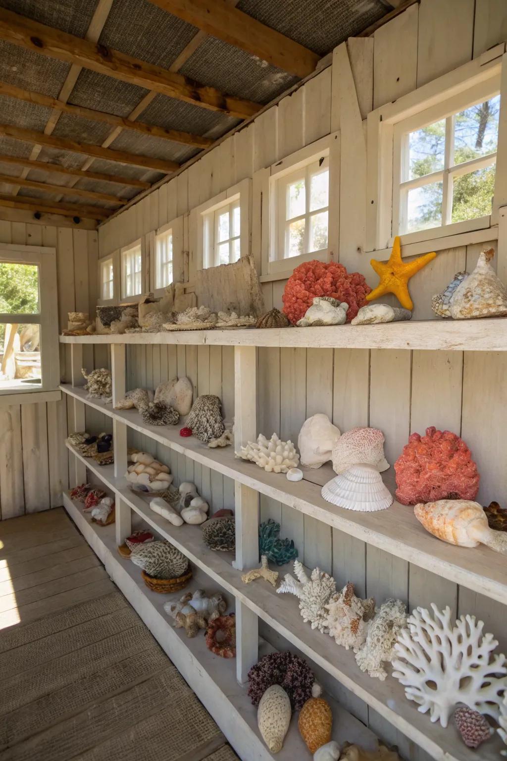 Shell and coral collections contribute natural loveliness to the beach shed interior.