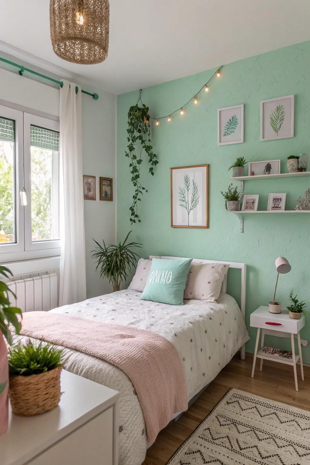 A seafoam green wall adds a refreshing pop of color.