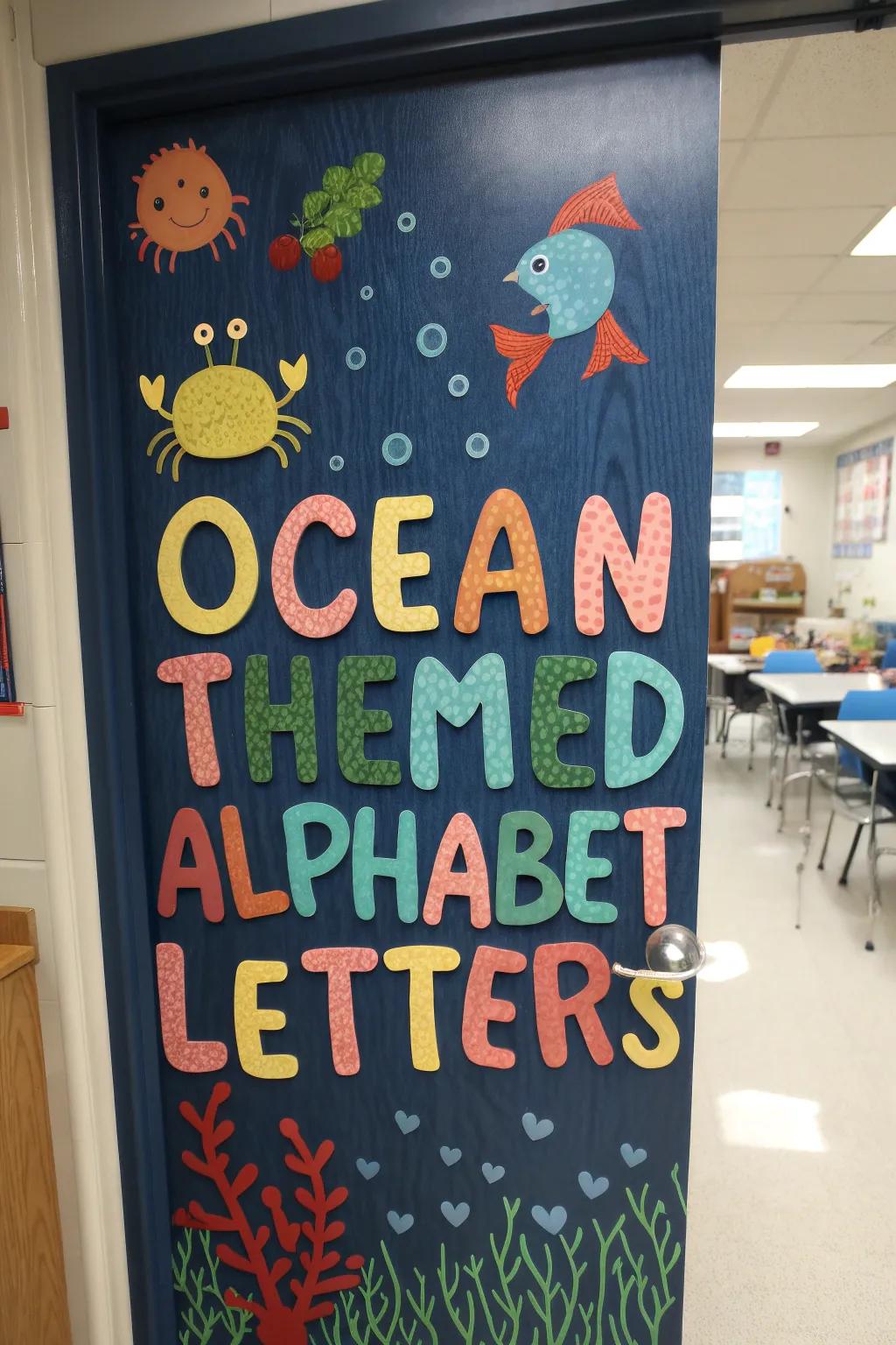 Ocean-themed script characters on a classroom entrance for a playful learning instrument.