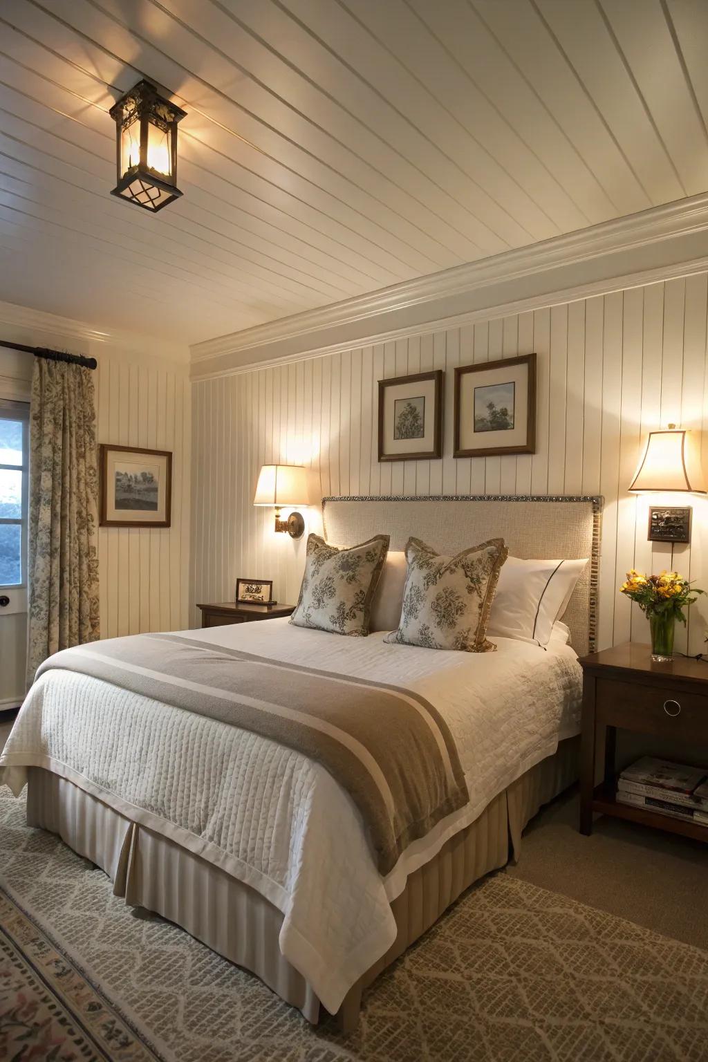 A glamorous guest room with cozy <strong>beadboard</strong> accents.” loading=”lazy” class=”pimg”>
	</picture><figcaption>A glamorous guest room with cozy <strong>beadboard</strong> accents.</figcaption></figure>
<p>Give your guest room a snug yet glamorous feel with <strong>beadboard</strong> accents. I’ve come to see that matching <strong>beadboard</strong> with luxurious bedding creates a welcoming haven for guests.</p>
<h3>Try these:</h3>
<ul class=