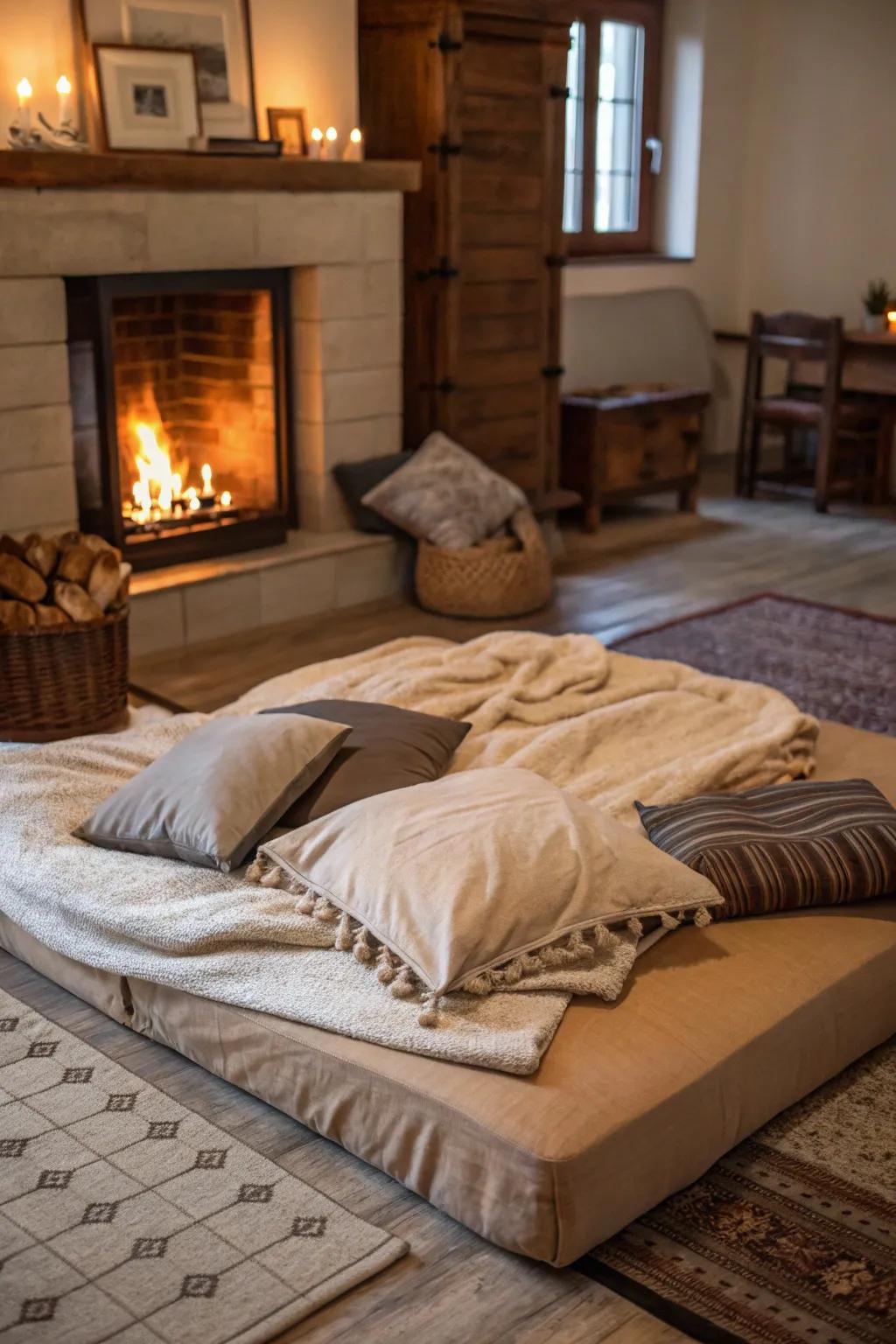 Position your floor bed near a fireplace to promote coziness.