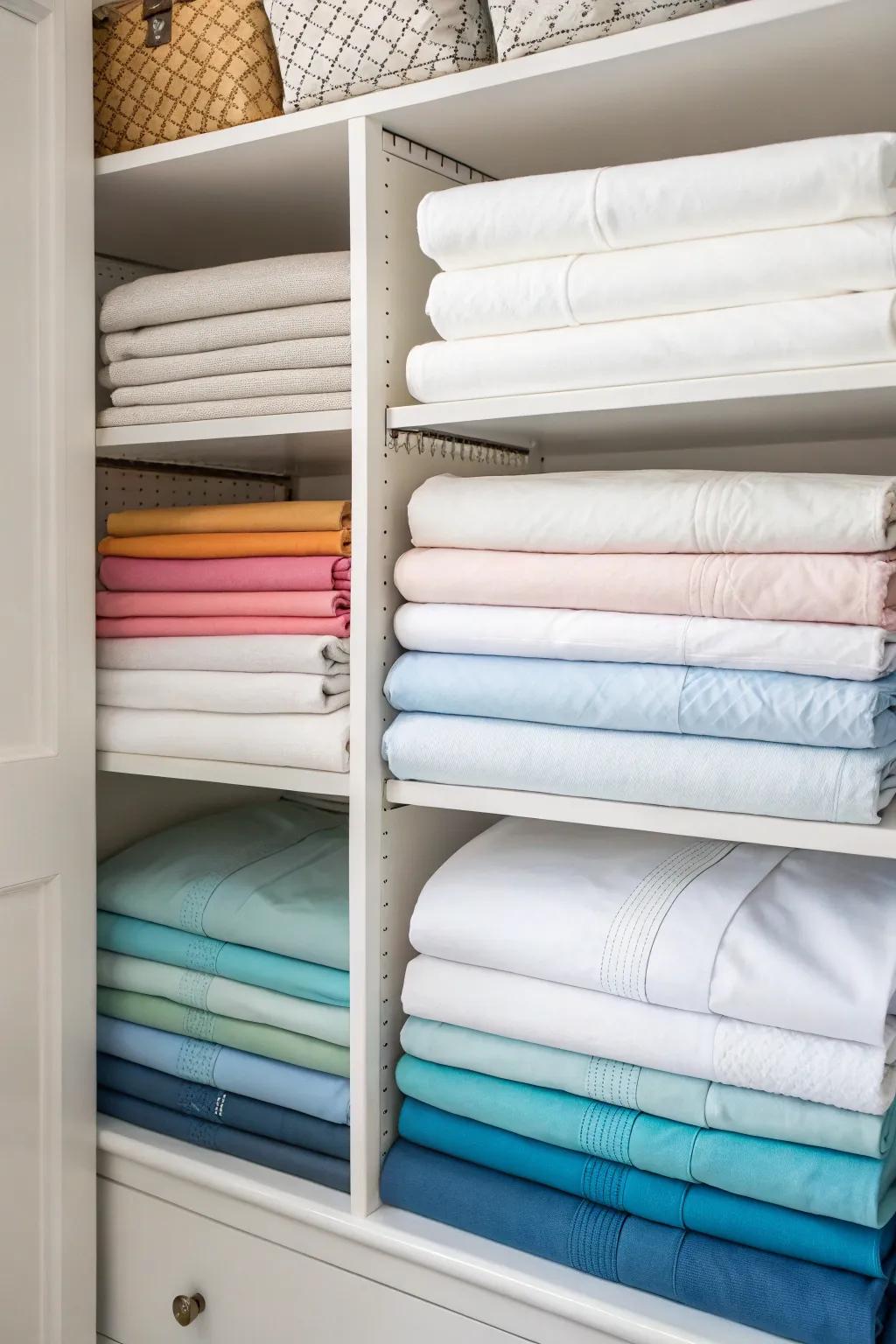 Color coordination enhances the elegance of your linen storage.