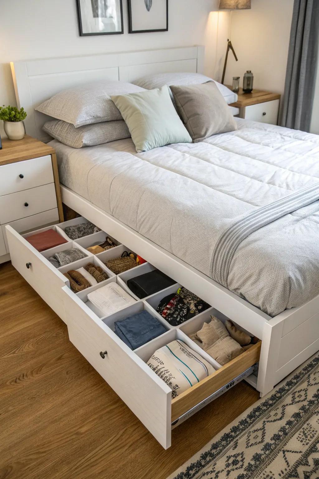Under-bed storage solutions help keep bedrooms neat.