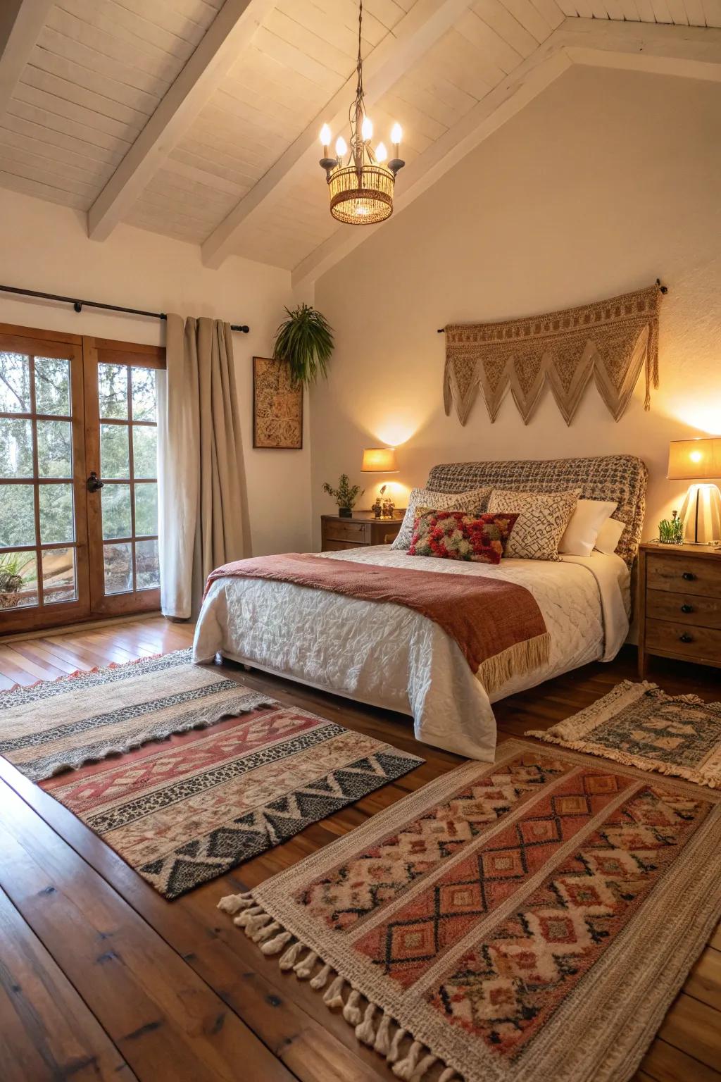 Layering rugs contributes depth and texture to your bedroom's aesthetic.