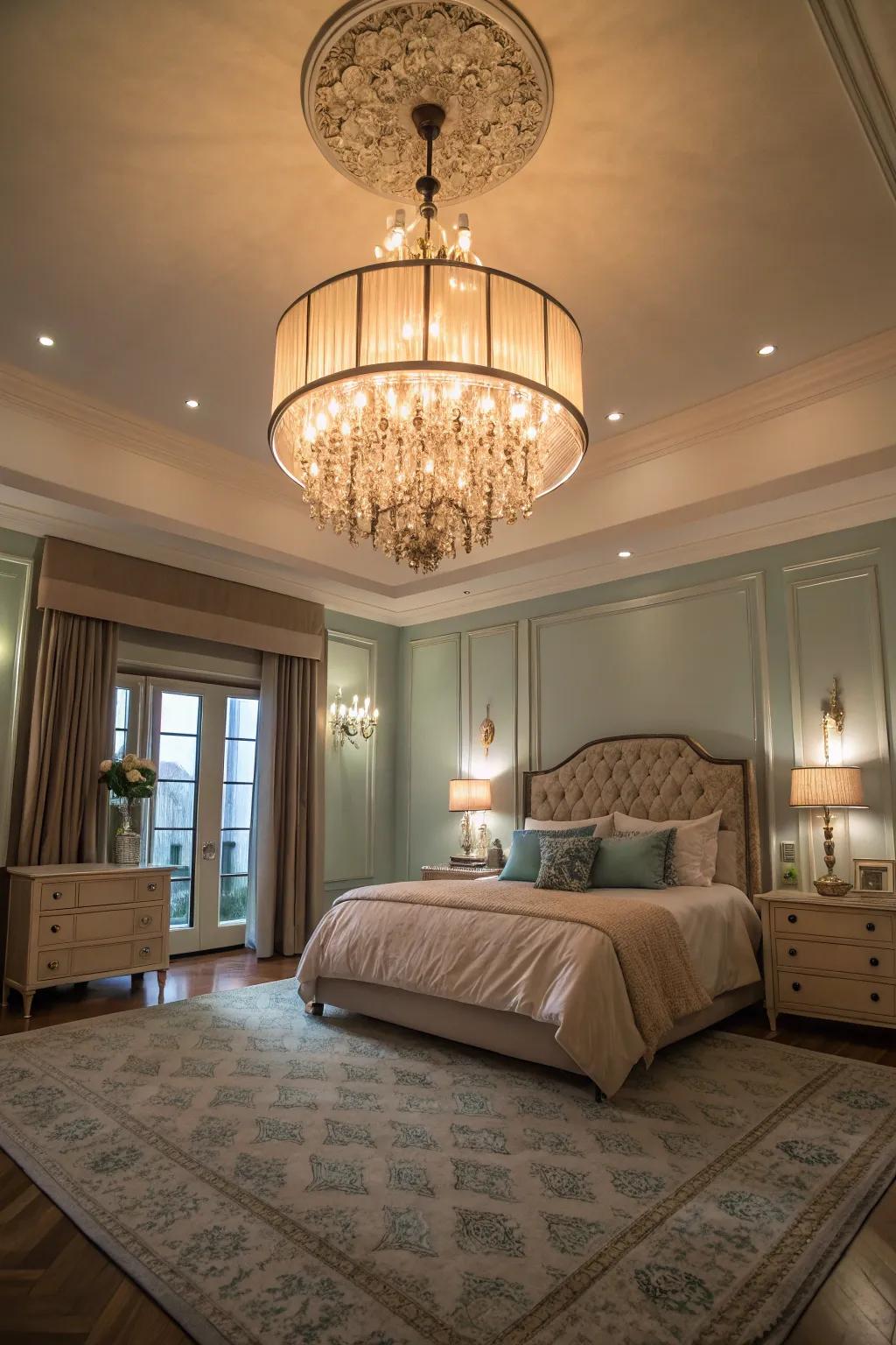 Statement lighting imparts elegance to this fashionable bedroom.