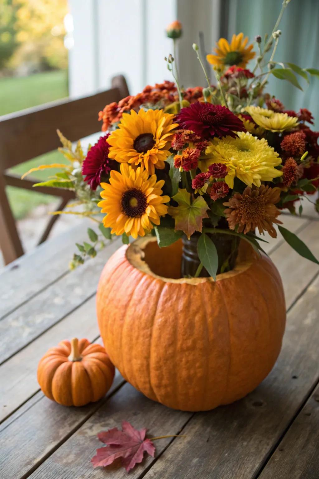 With this creative pumpkin vase idea, turn your Halloween pumpkin into a gorgeous fall centerpiece!