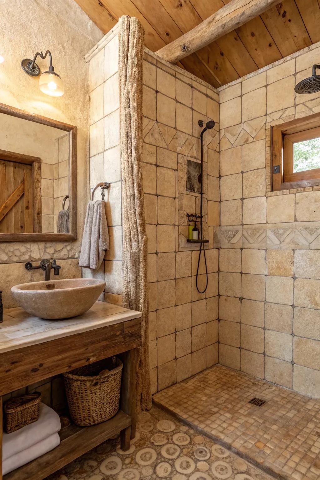 Rustic textures create a cozy and inviting shower space.