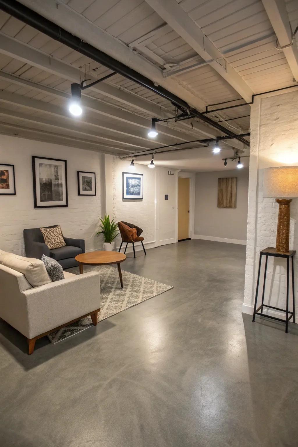 Coated concrete offers a sleek, minimalist look for basements.