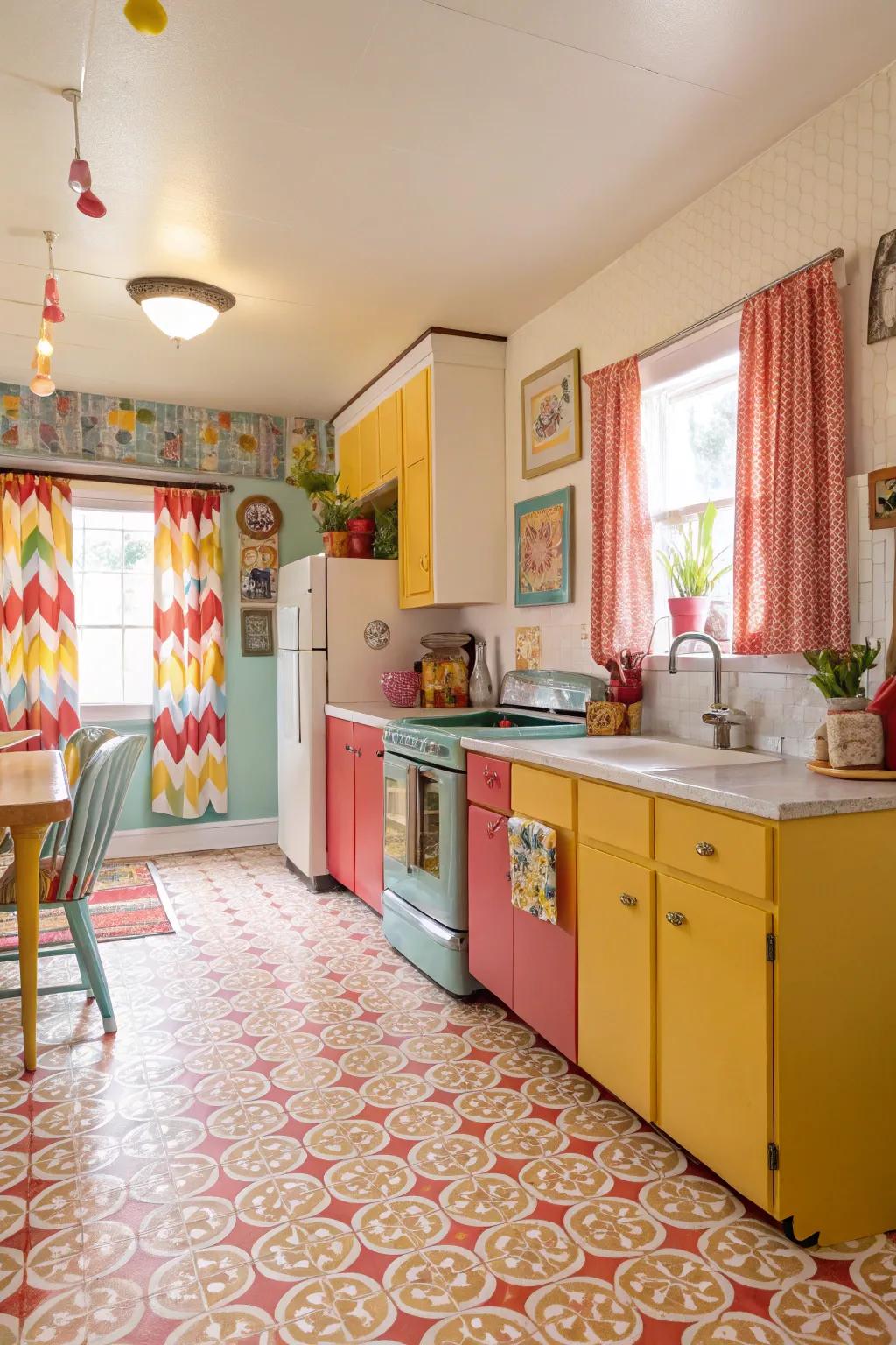 Oilcloth flooring adds a dynamic and colorful touch.