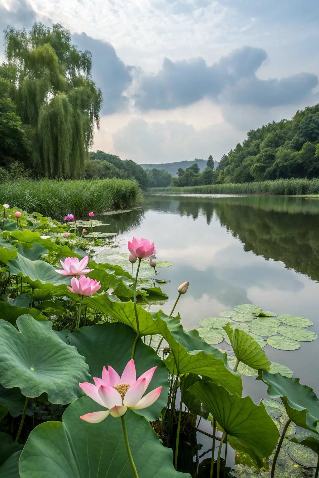 Lotus flowers infuse the pond with sanctified splendor and grace.