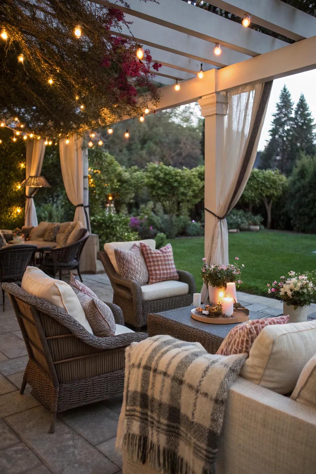 Wraps and blankets offer warmth and comfort for crisp nights.