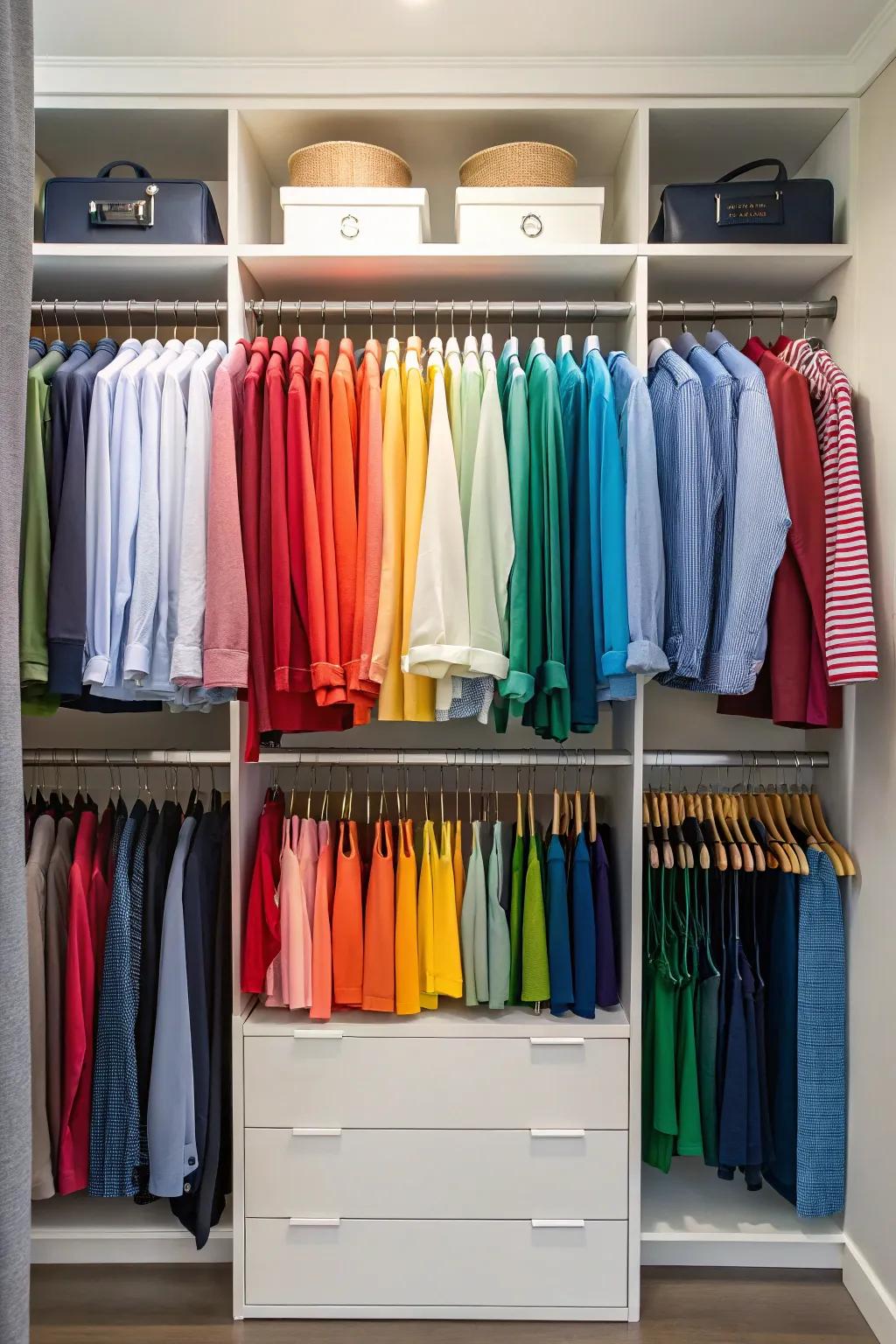 A closet featuring a color-coded clothing system for effortless arrangement.