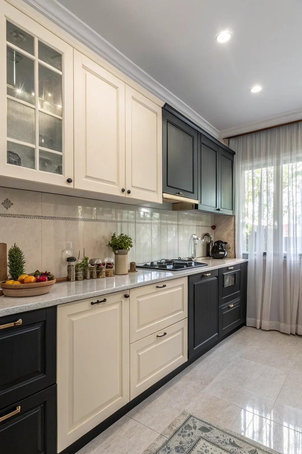 Two-tone cupboards add depth and style to the kitchen.