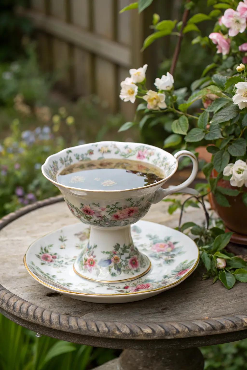 A cup bird bath bestowing period charm upon the garden.