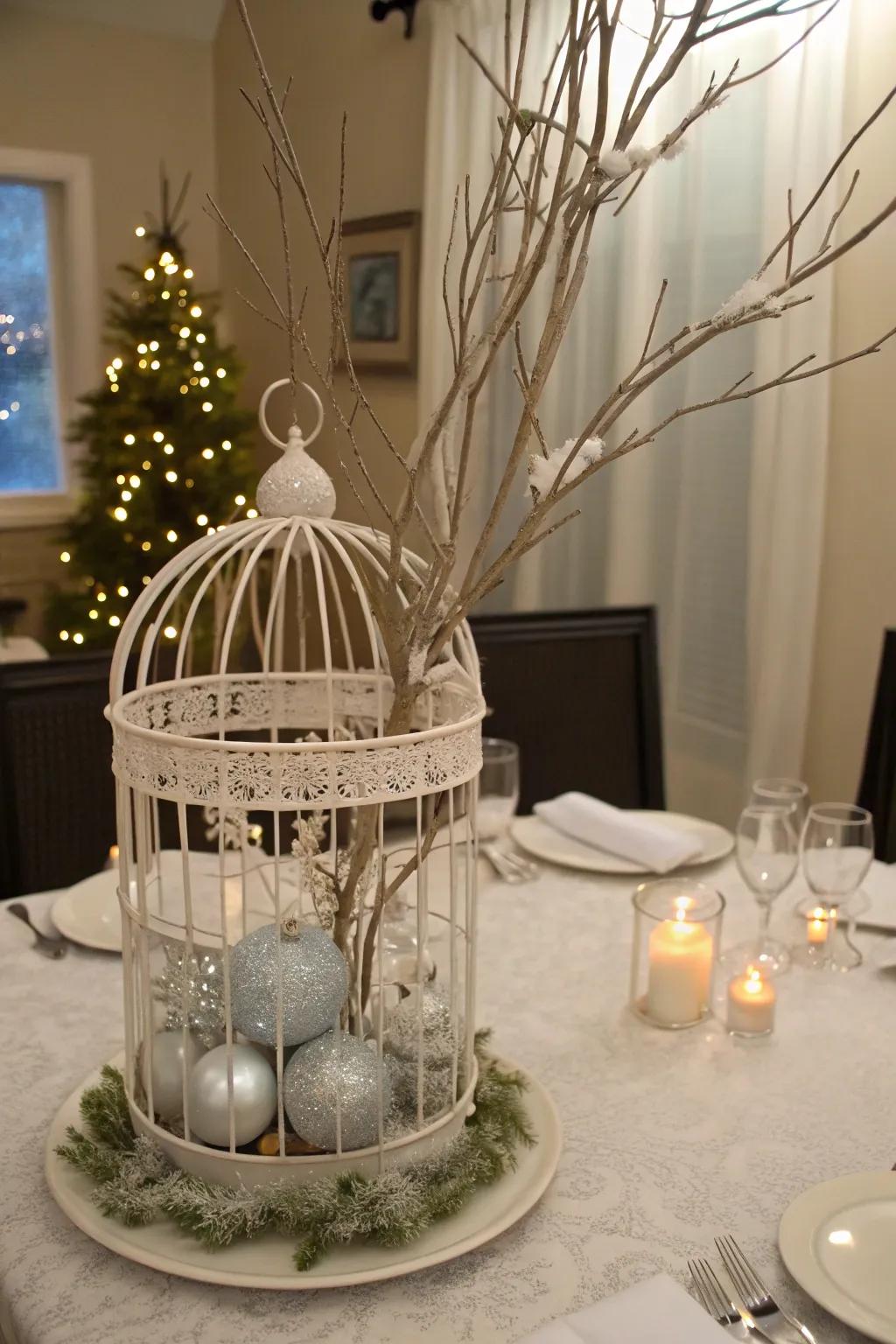 A winter wonderland bird cage centerpiece featuring festive décor.