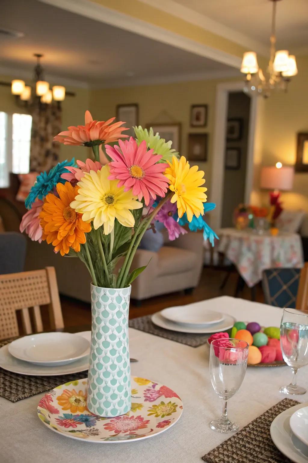 Colorful paper flowers bring a pop of color to any table.