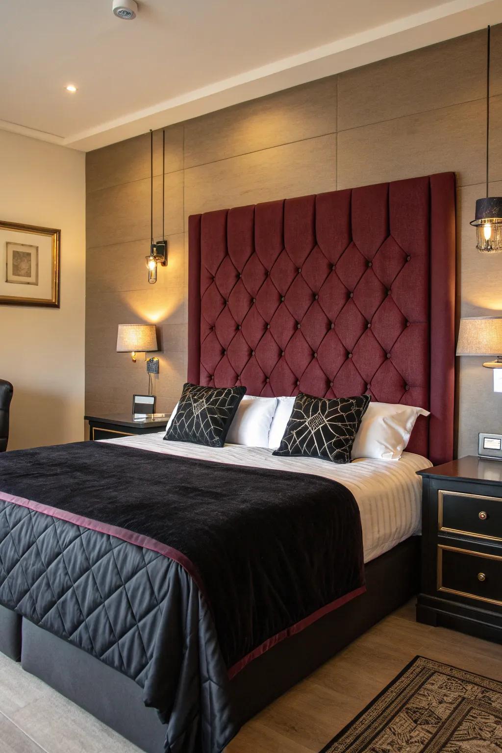 A burgundy padded headboard acts as a stunning centerpiece.