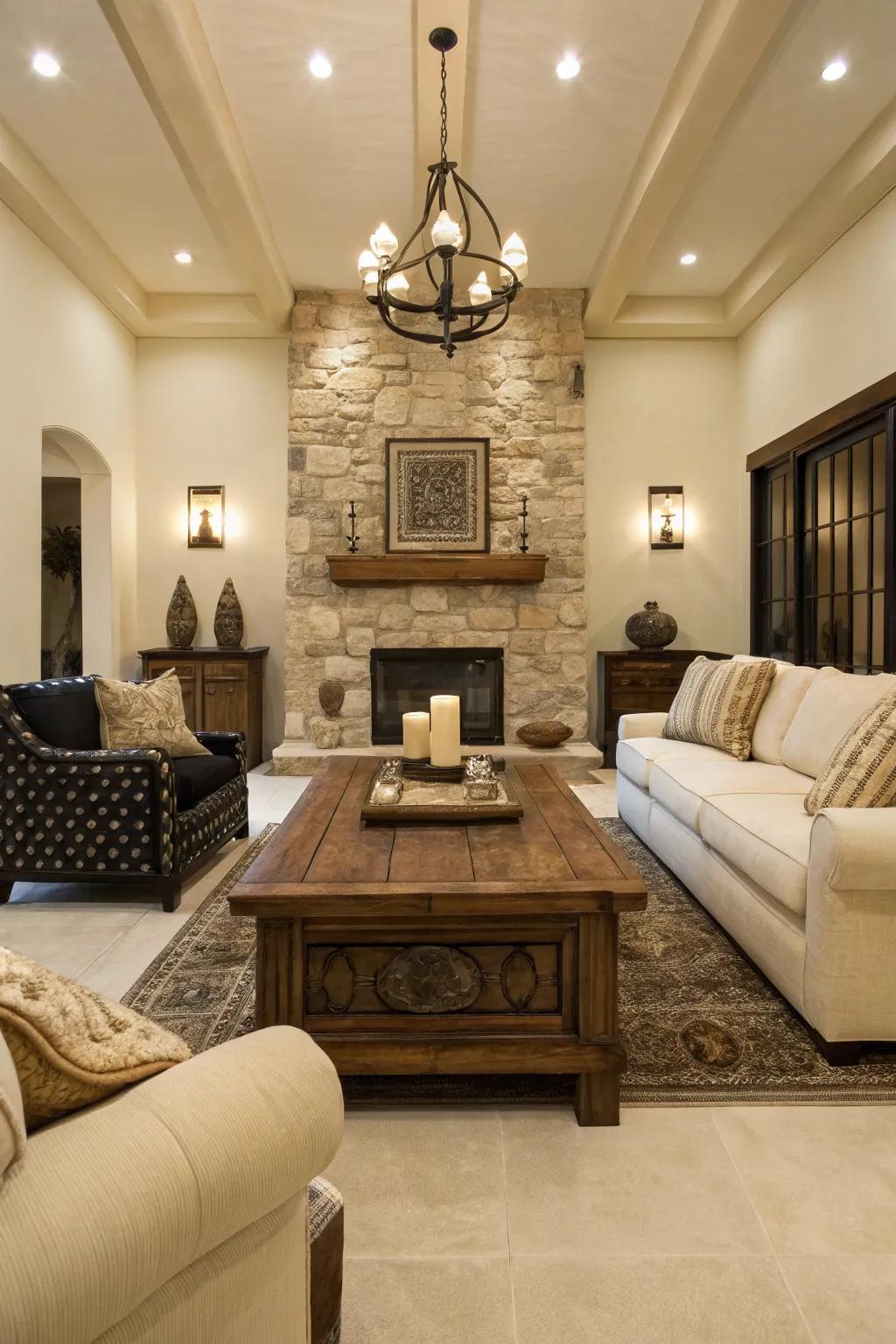 Inherent materials such as wood and stone introduce coziness and texture to the decor.