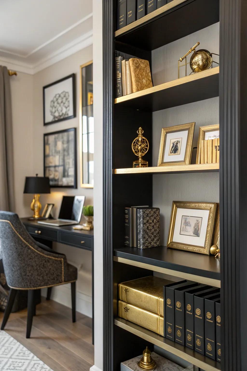 Ebony and gilded styling transforms your bookshelf into an artistic masterpiece.
