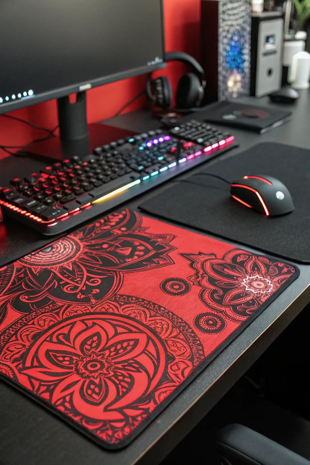 A custom desk mat featuring a scarlet and black pattern contributes a tailored feel to the setup.