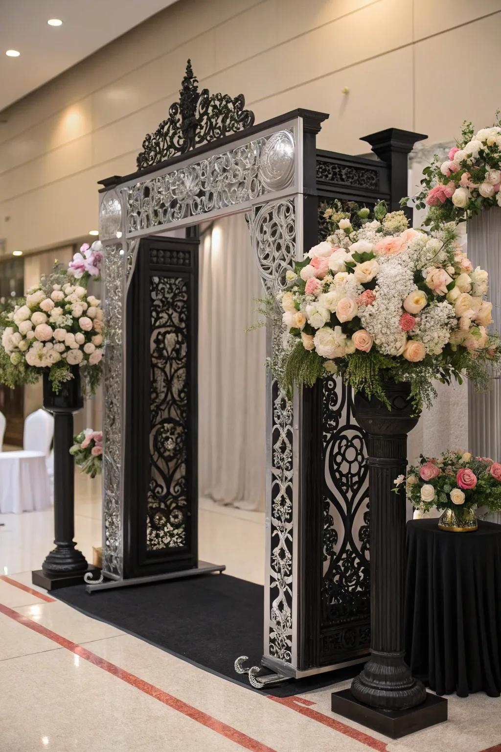 Striking entrance display styled in coal and shimmer.