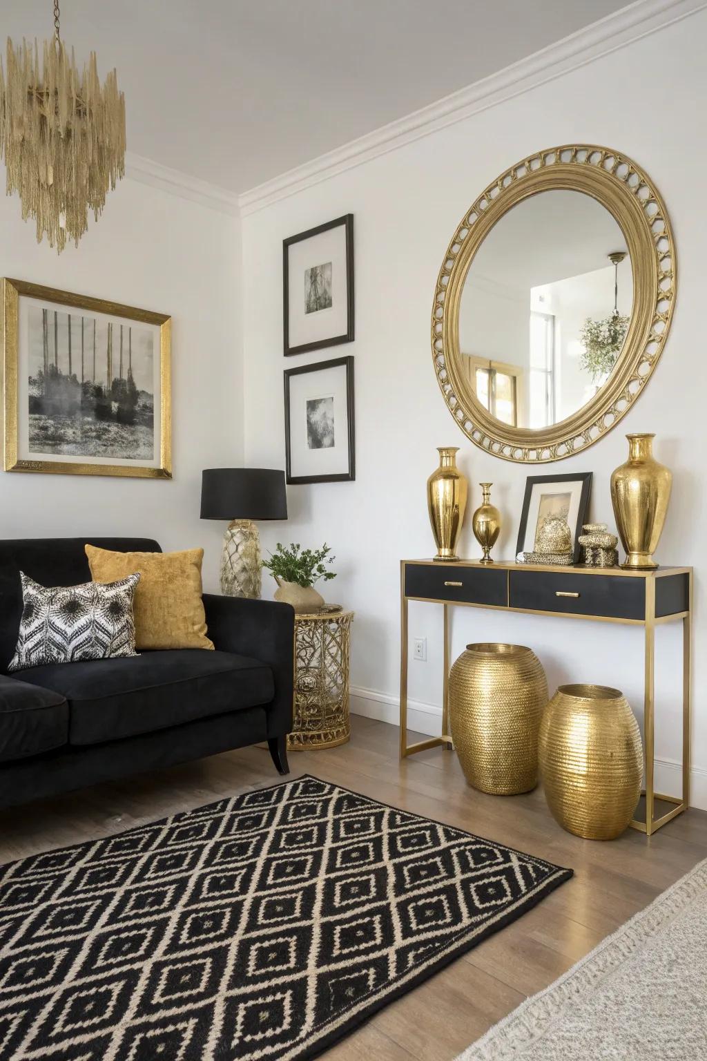 Gold metallic accents bringing luxury to a dark and pale sitting room.