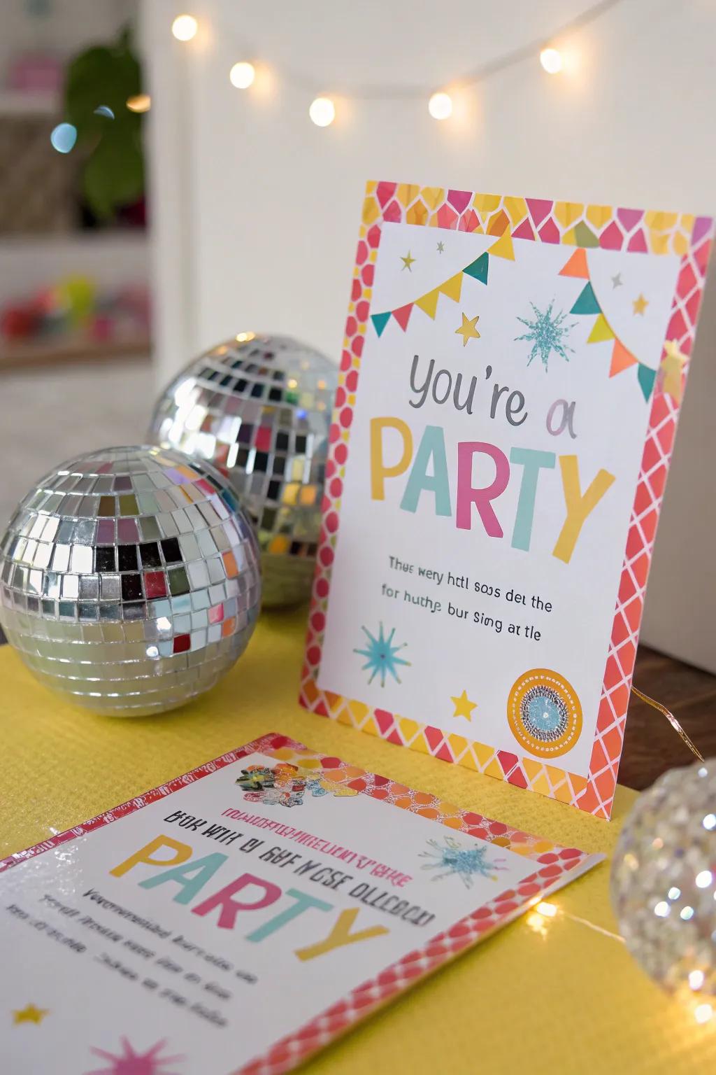 Dance sphere decals bringing a retro vibe to celebration invites.