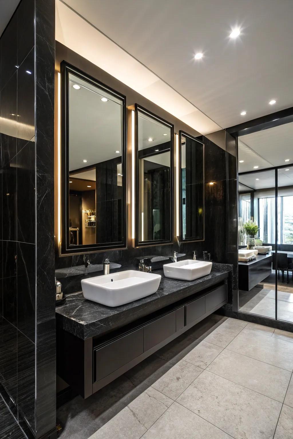 Mirrors amplify light and space in black bathrooms.