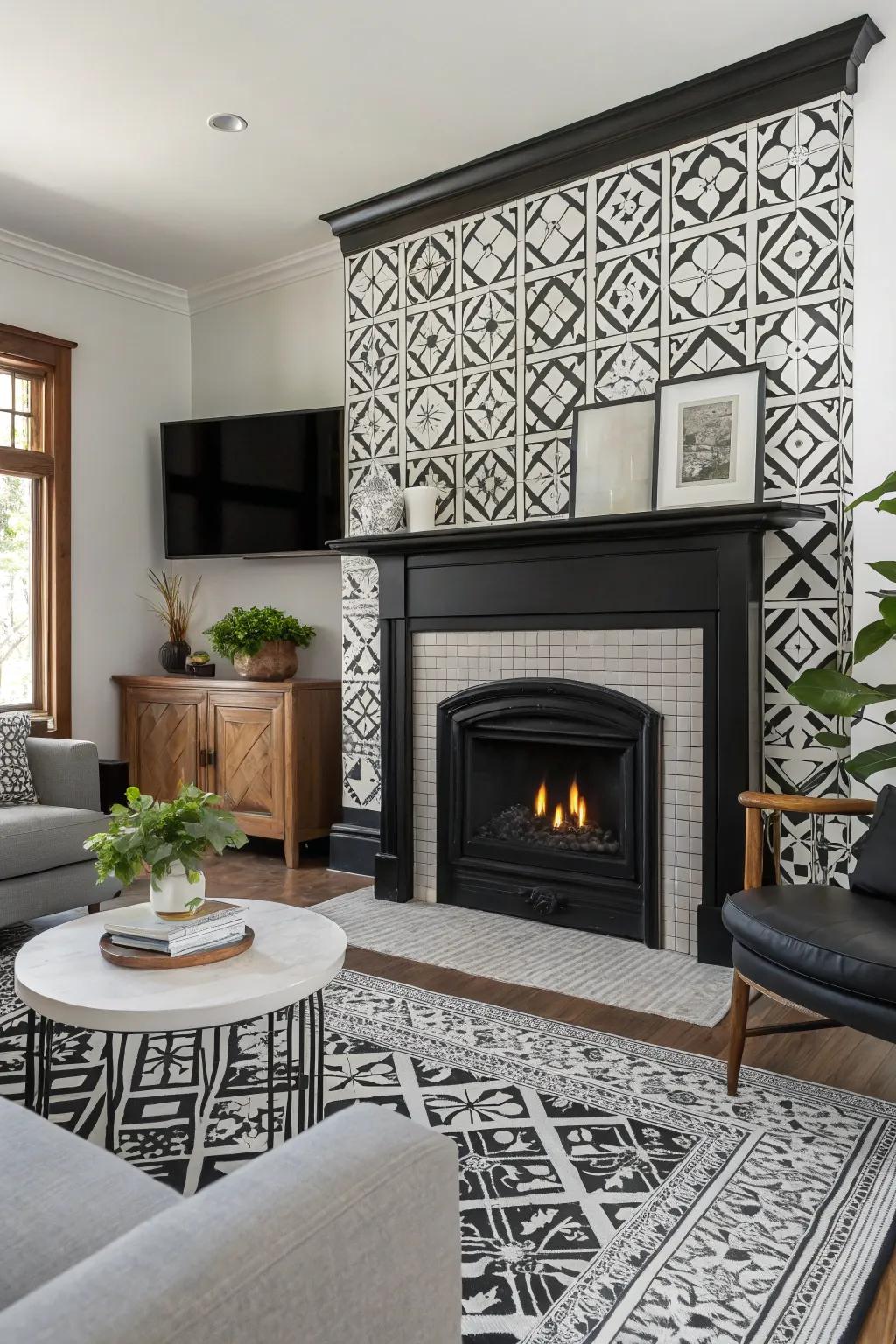 Render a bold assertion through dark and ivory patterns encircling your hearth.