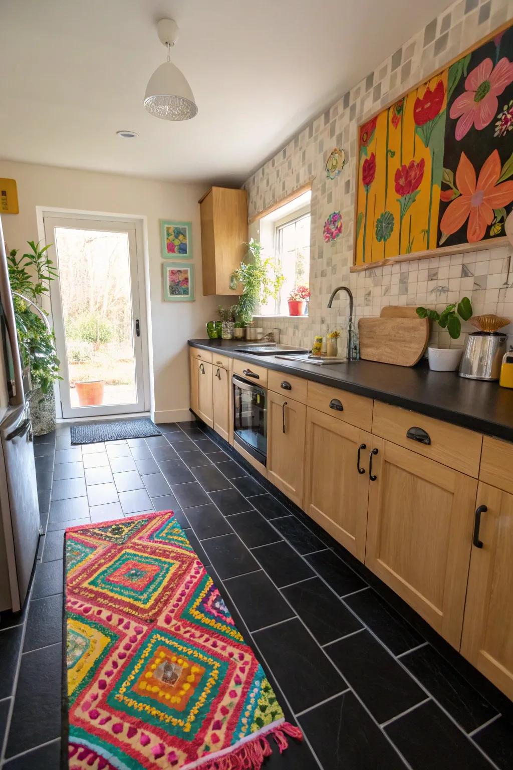 A kitchen where colorful accents enliven the dark floor tiles.
