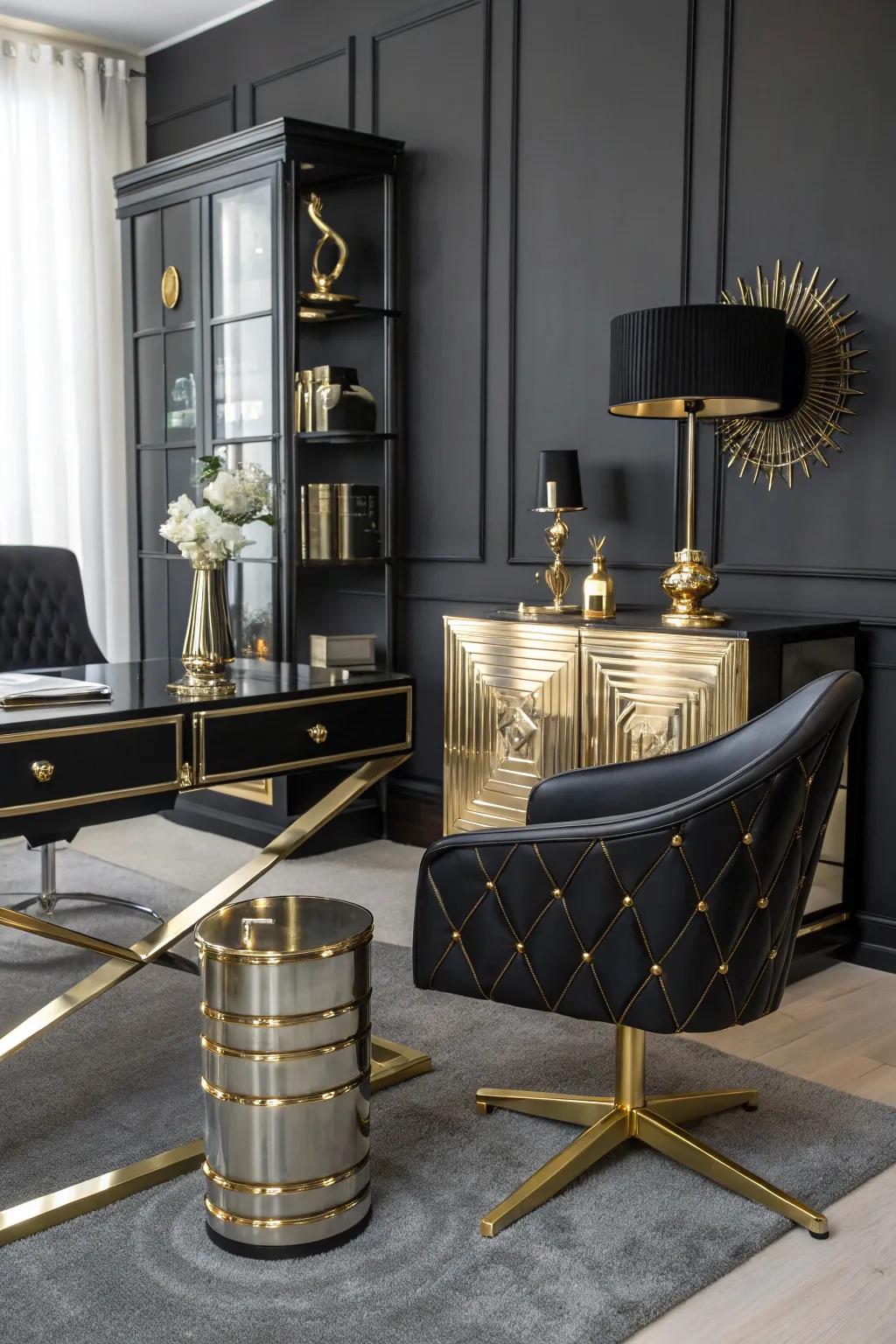 Metal details add luxury and elegance to a dark office.