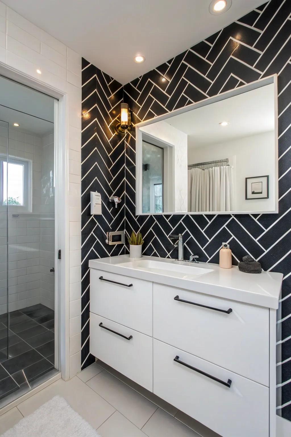 Chevron squares in dark fashion a striking and contemporary accent wall.