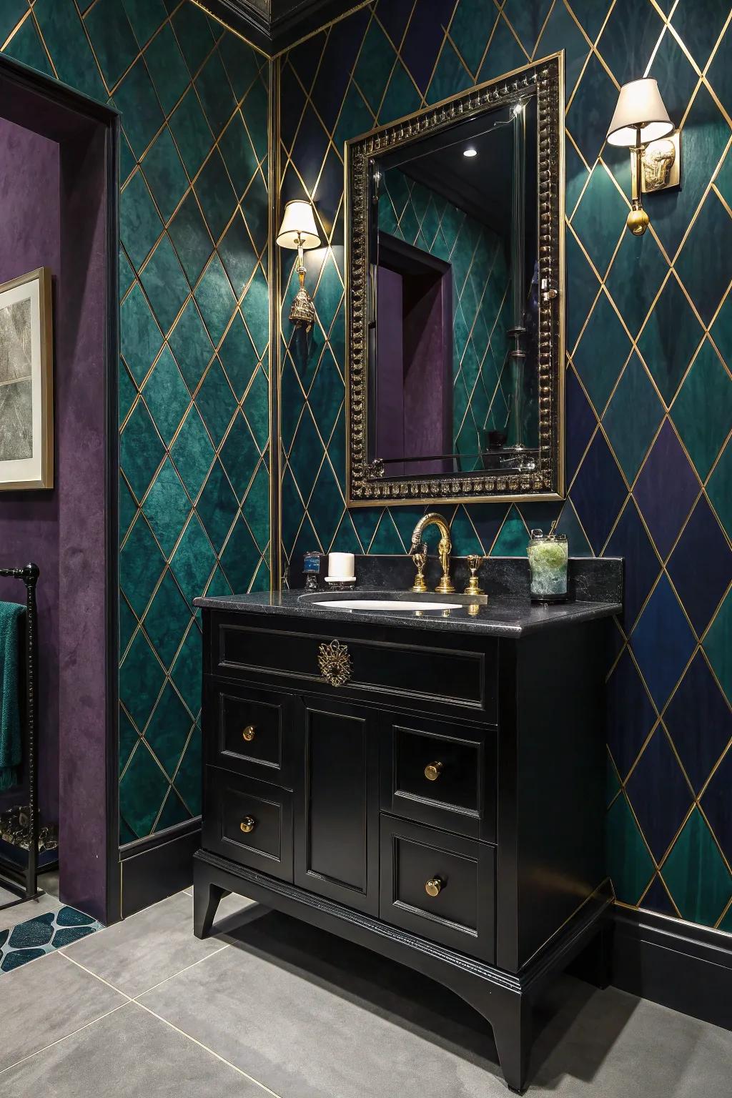 Jewel-toned walls create a dramatic and elegant backdrop for a dark washstand.