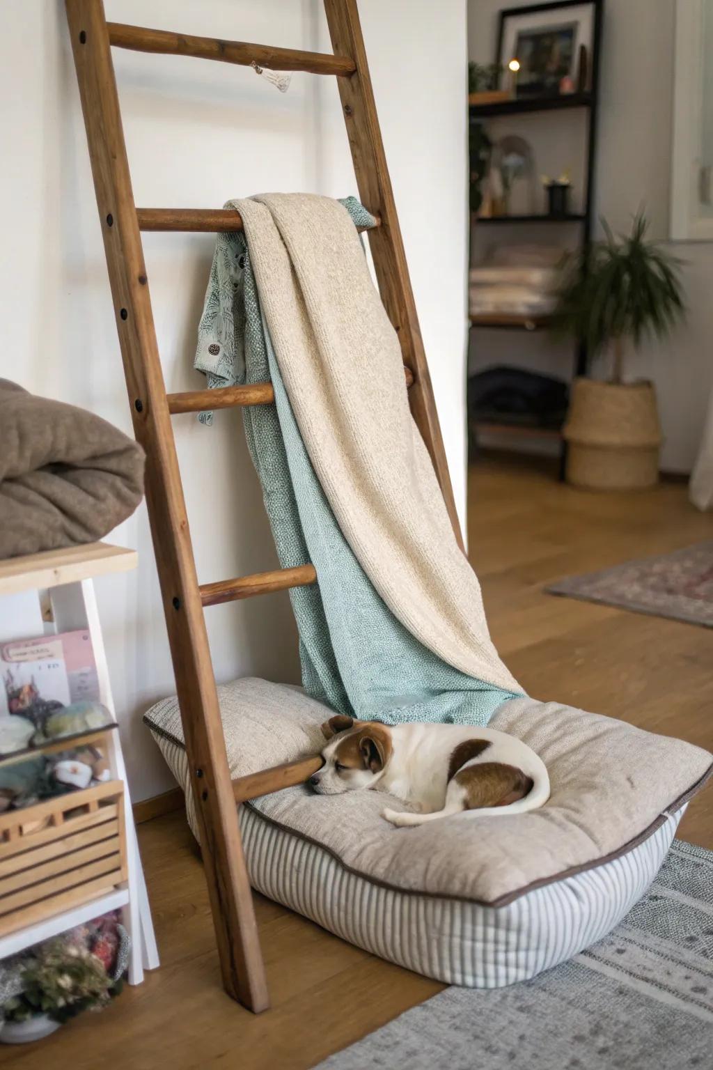 A pet perch on display stairs for throws provides a comfy spot for your furry friend.