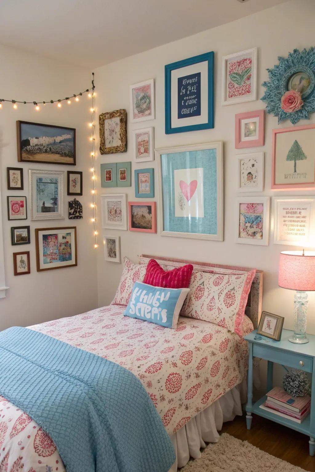 An assorted wall gallery provides a creative and personal touch.