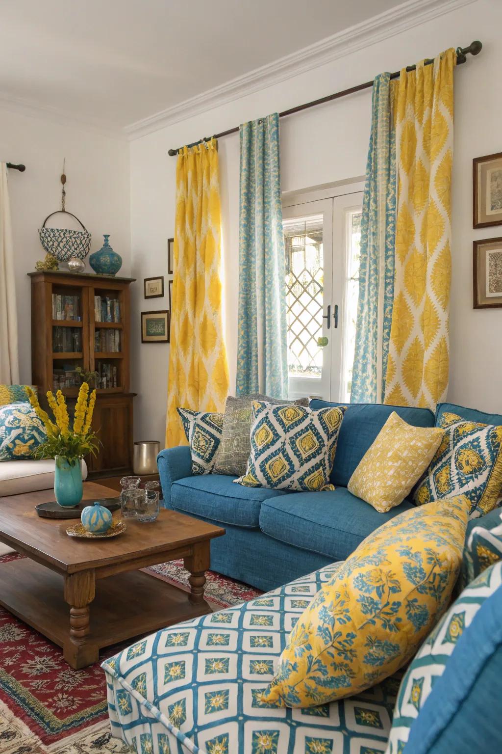 A mix of cerulean and golden patterned textiles imbuing vibrancy into the space.